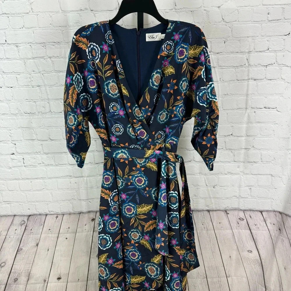 Eliza J Midi Navy Floral Faux Wrap High Low Hemline Dress Size 6